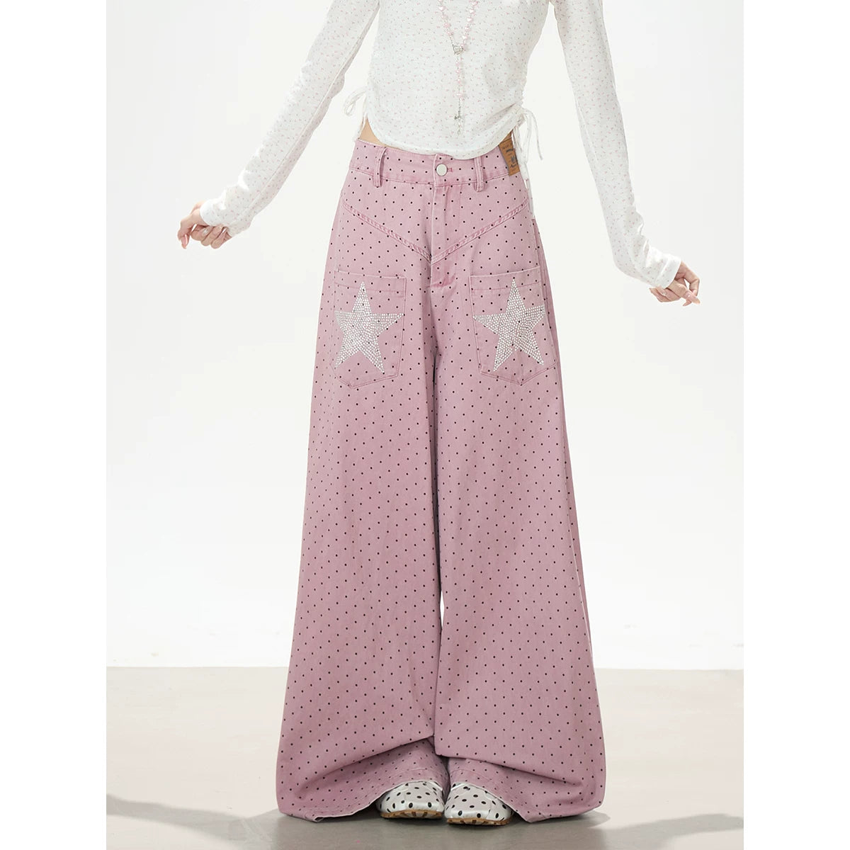 Star Rhinestone Polka Dot Wide-Leg Jeans