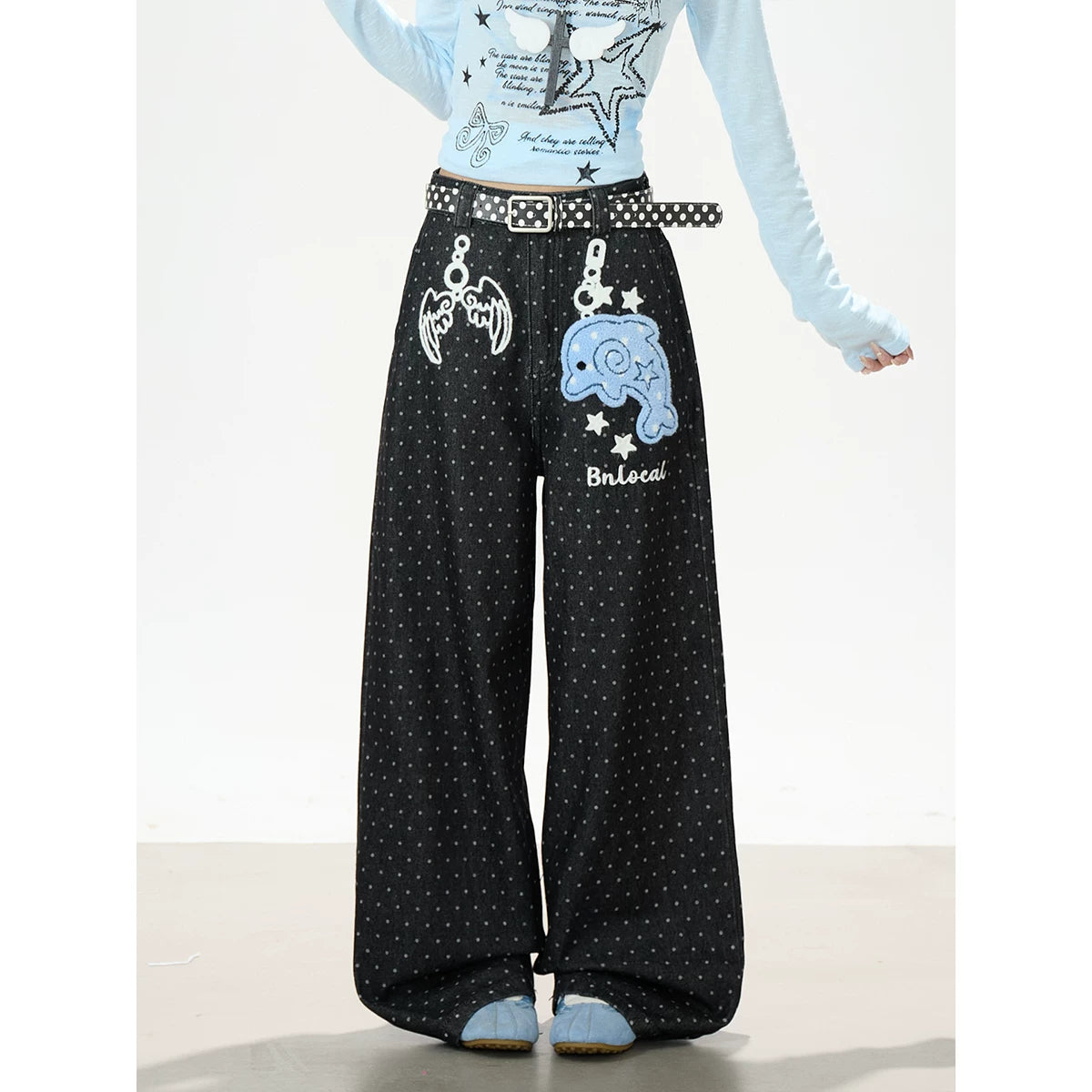 Dolphin Embroidered Polka Dot Wide-Leg Jeans