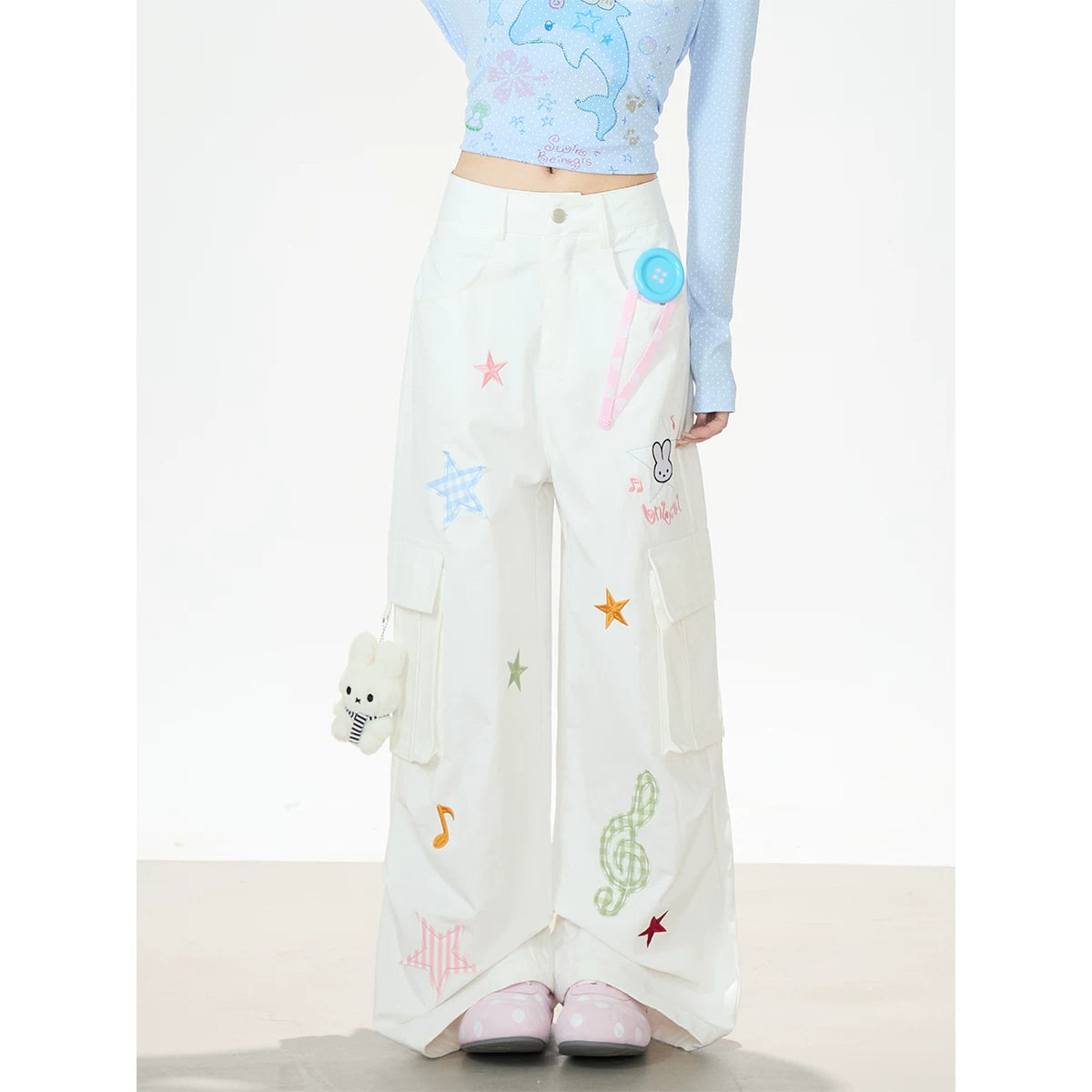 Cartoon Patch Embroidered Wide-Leg Cargo Pants