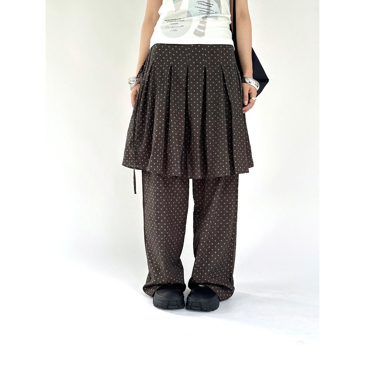 Polka Dot Layered Skirt Wide-Leg Pants
