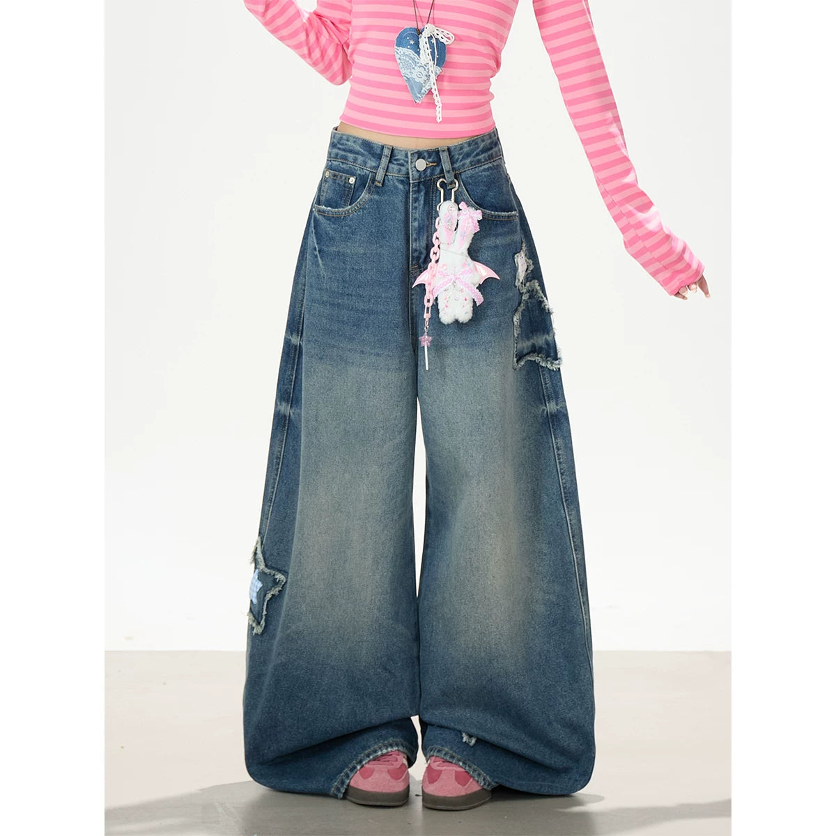 Pink Stripe U-Neck Long Sleeve Top & Star Patch Wide-Leg Jeans