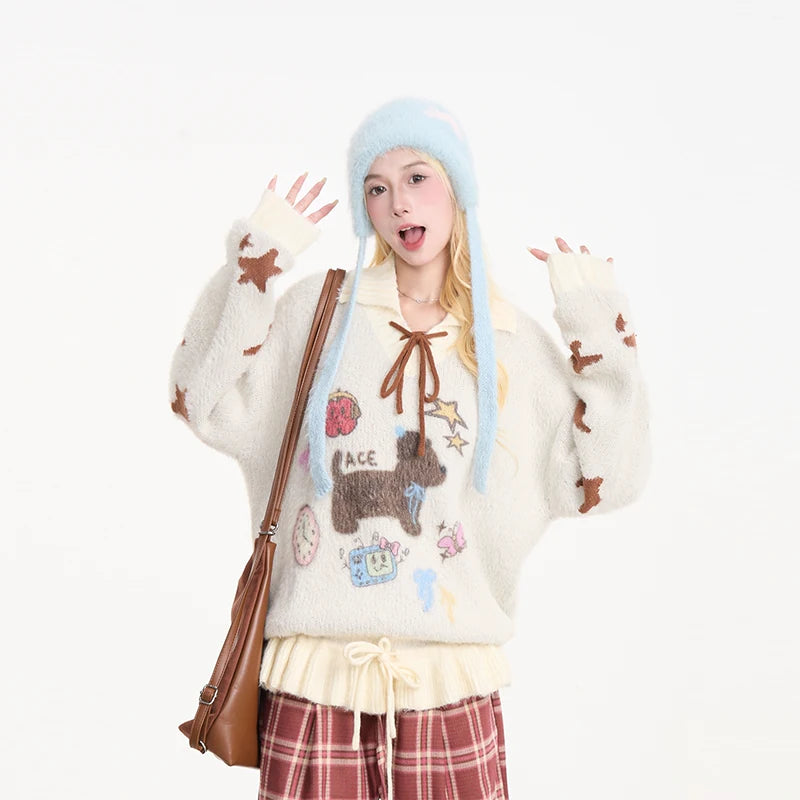 Puppy Graphic Bow-Collar Oversized Knit Sweater