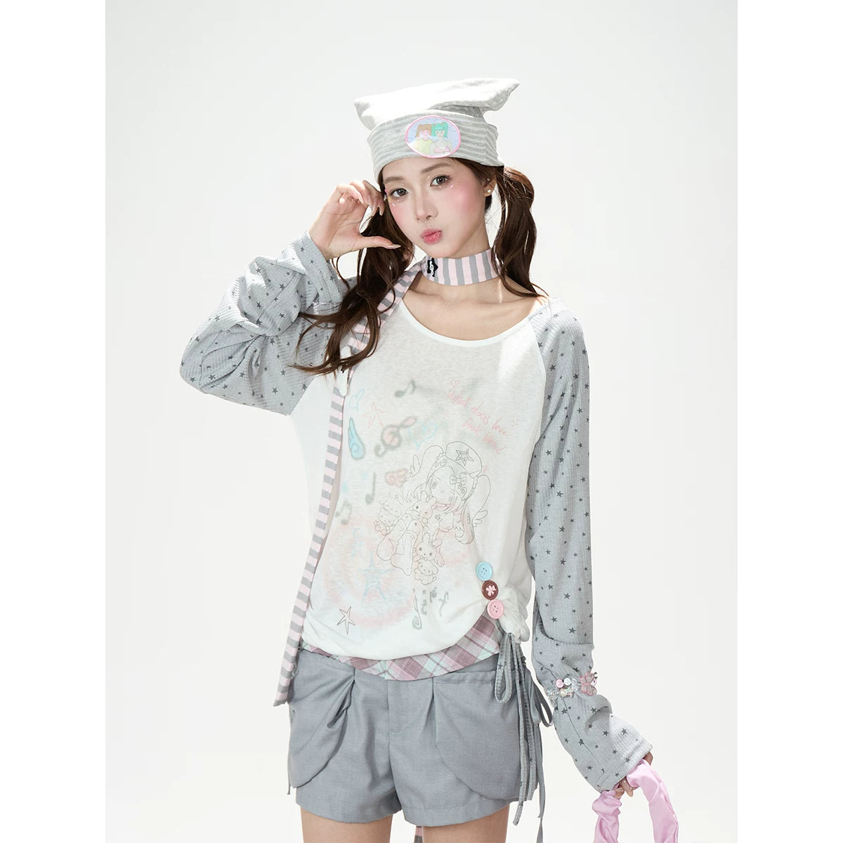 Dreamy Hand-Drawn Raglan Long Sleeve Top & Relaxed Wide-Leg Pants