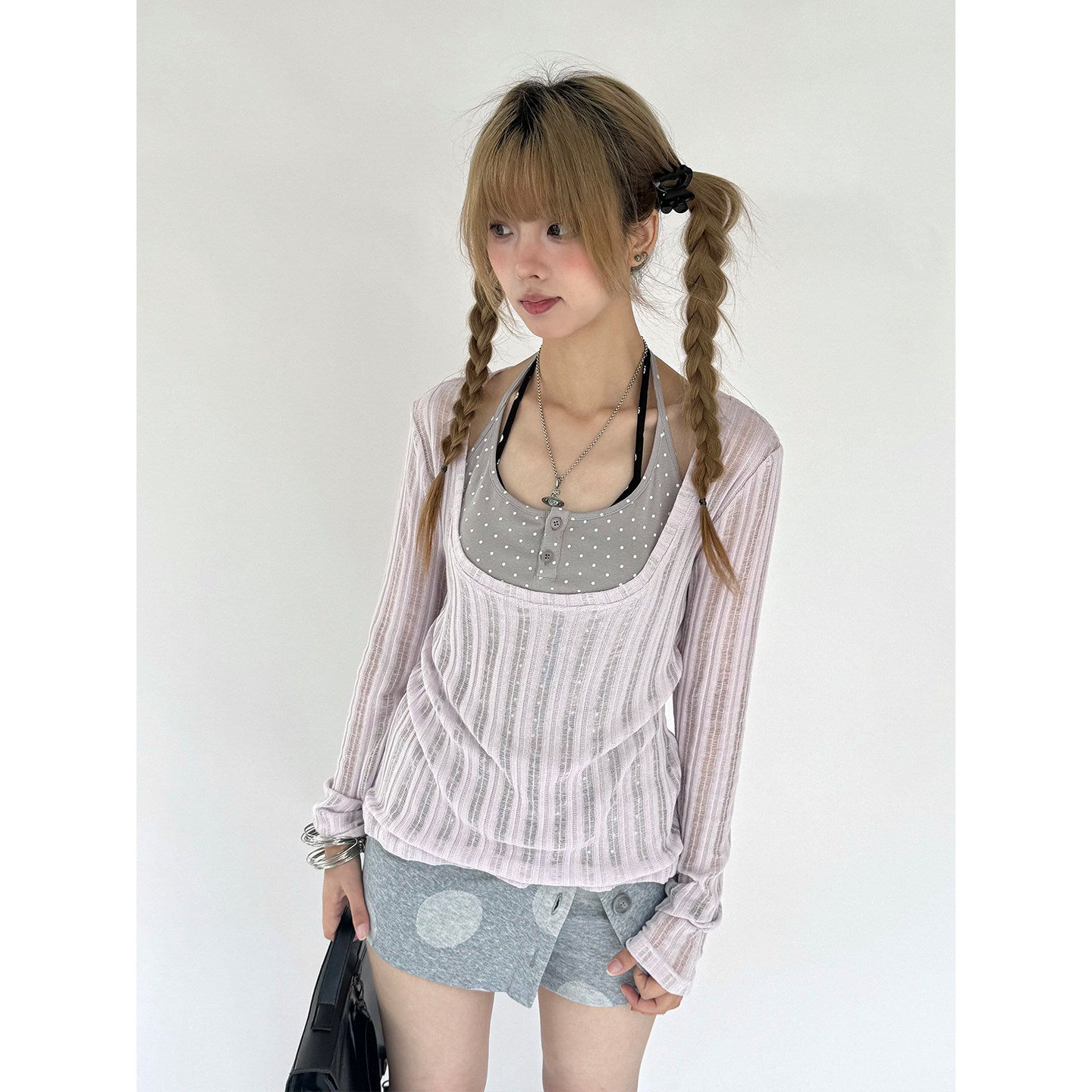 Wisteria Open-Knit Faux-Layer Long Sleeve Top