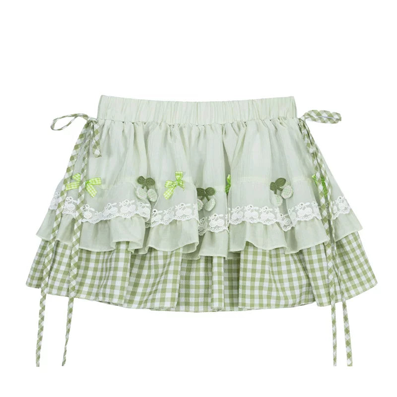 Mint Gingham Layered Knit Long Sleeve Top & Cherry Ruffle Mini Skirt