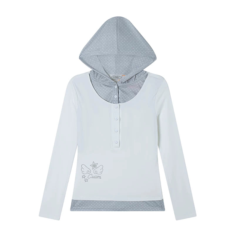 Polka Dot Layered Hooded Long Sleeve Top & Lace-Trim Bubble Mini Skirt