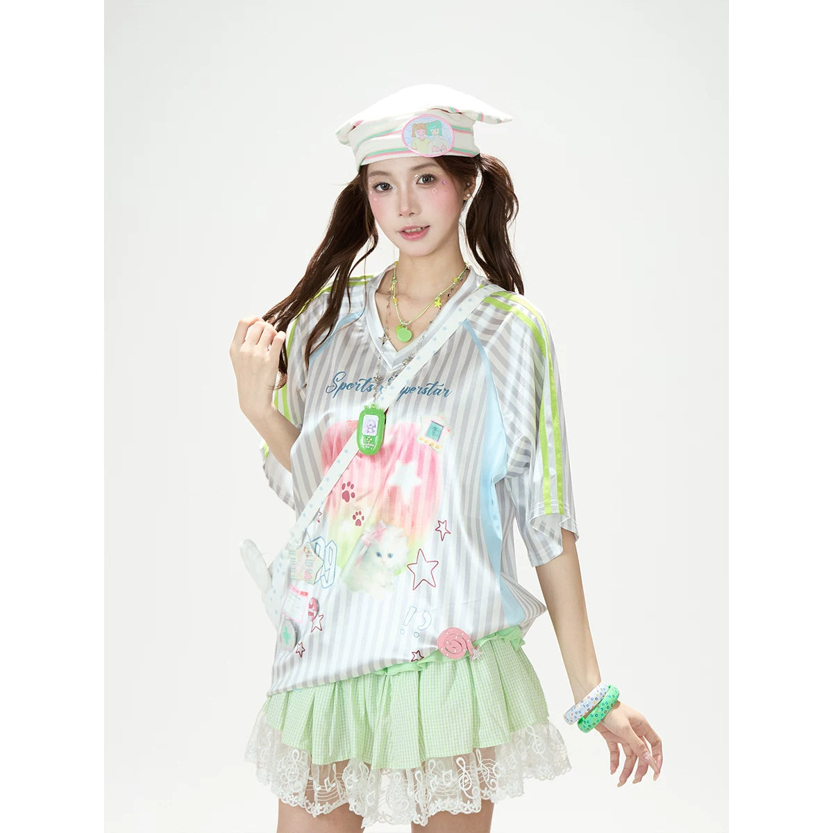 Striped Kitty Graphic V-Neck Tee & Layered Gingham Ruffle Skirt