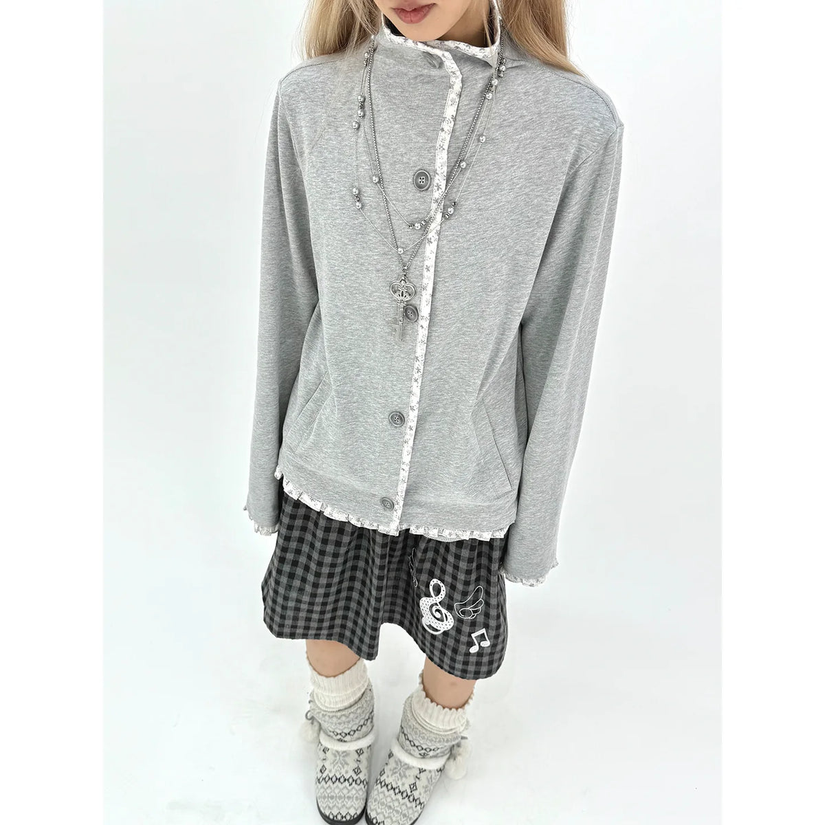 Floral-Trim Stand Collar Button Cardigan