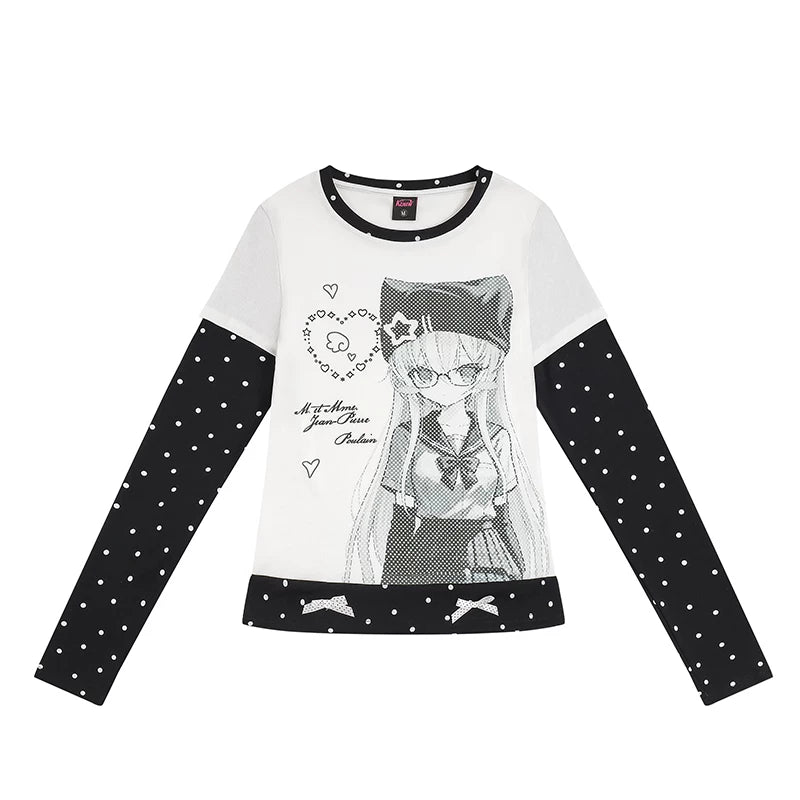 Anime Girl Polka-Dot Layered Long Sleeve Top & Star Tiered Ruffle Mini Skirt