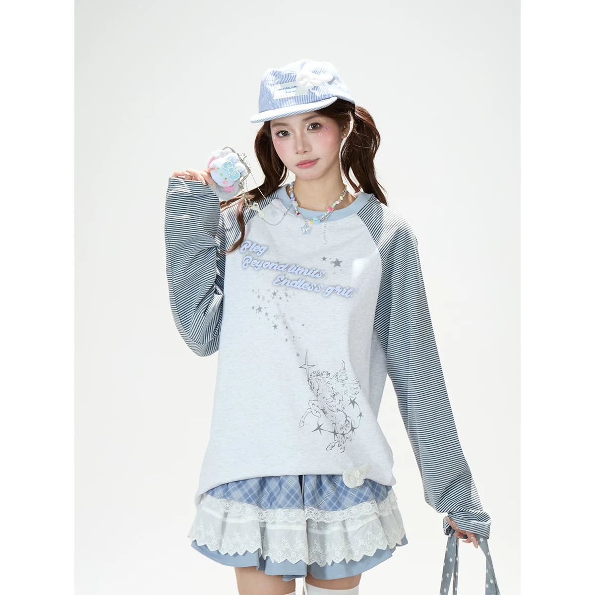 Striped Raglan Angel Graphic Long Sleeve Tee & Blue Plaid Lace Ruffle Skirt