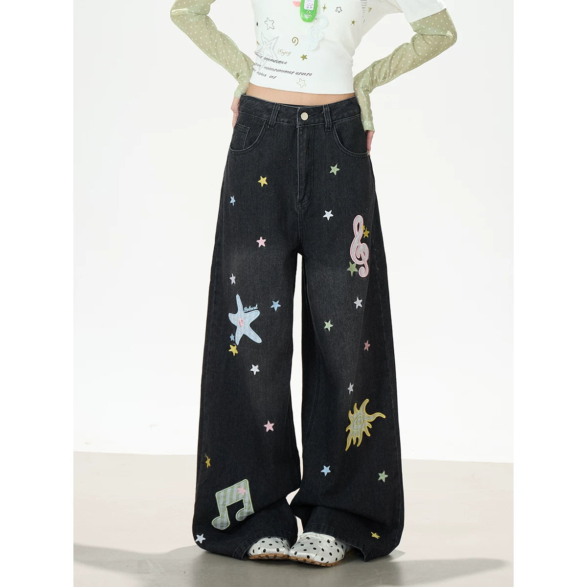 Music Note & Star Embroidered Washed Wide-Leg Jeans