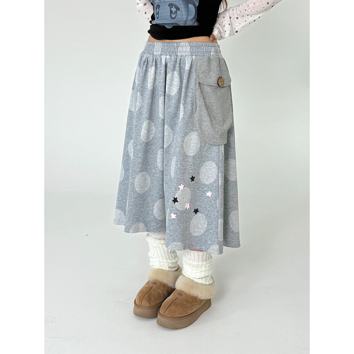 Star Detail Polka Dot Pocket Midi Skirt