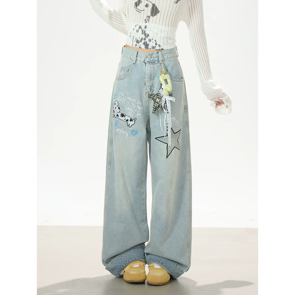 Puppy & Star Graphic Washed Wide-Leg Jeans