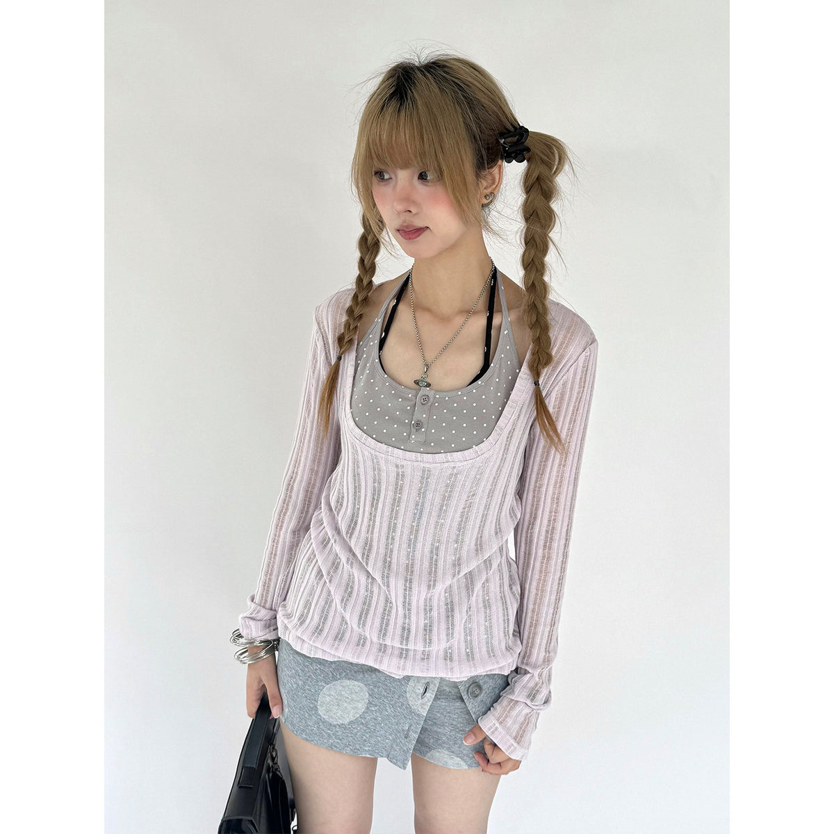 Wisteria Halter-Layered Sheer Long Sleeve Top