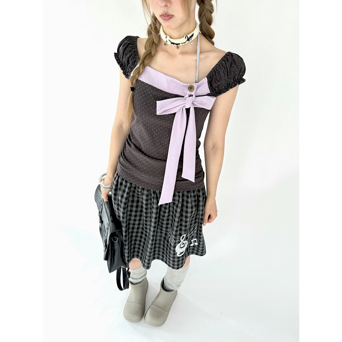 Lavender Bow Polka Dot Fitted Puff-Sleeve Top
