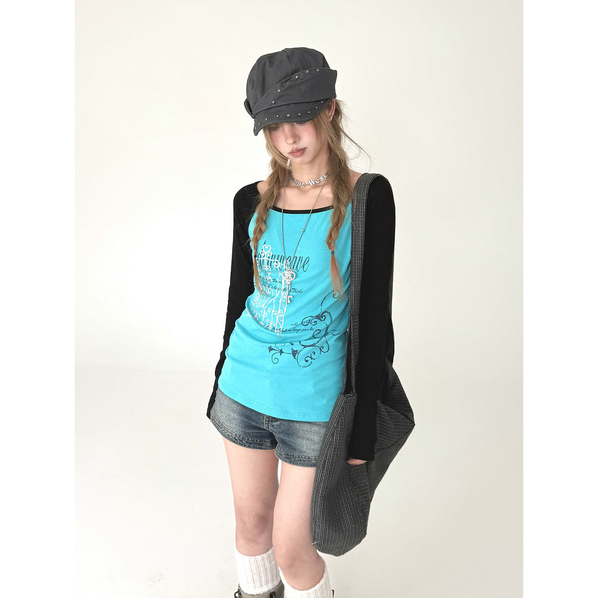 Aqua Contrast Graphic Raglan Long Sleeve Top