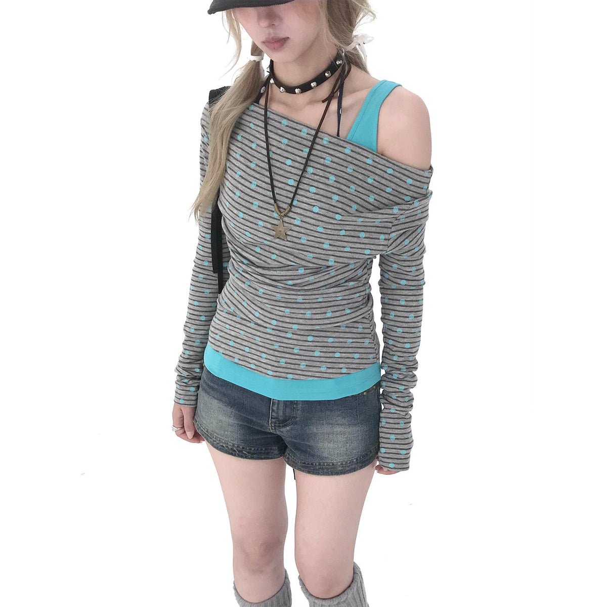 Polka Dot Asymmetric Layered Long Sleeve Top