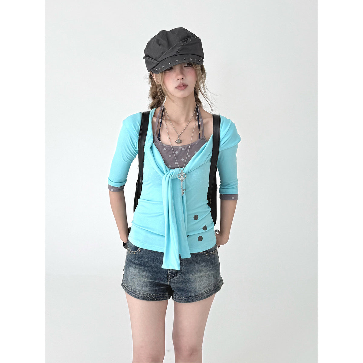 Aqua Tie-Front Faux Layered Henley Top