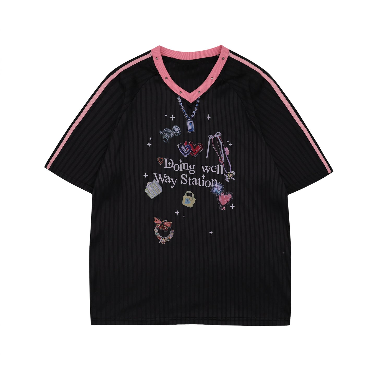 „Doing Well“ Grafik-Trikot-T-Shirt｜Americana Girly V-Ausschnitt Kurzarm gestreift