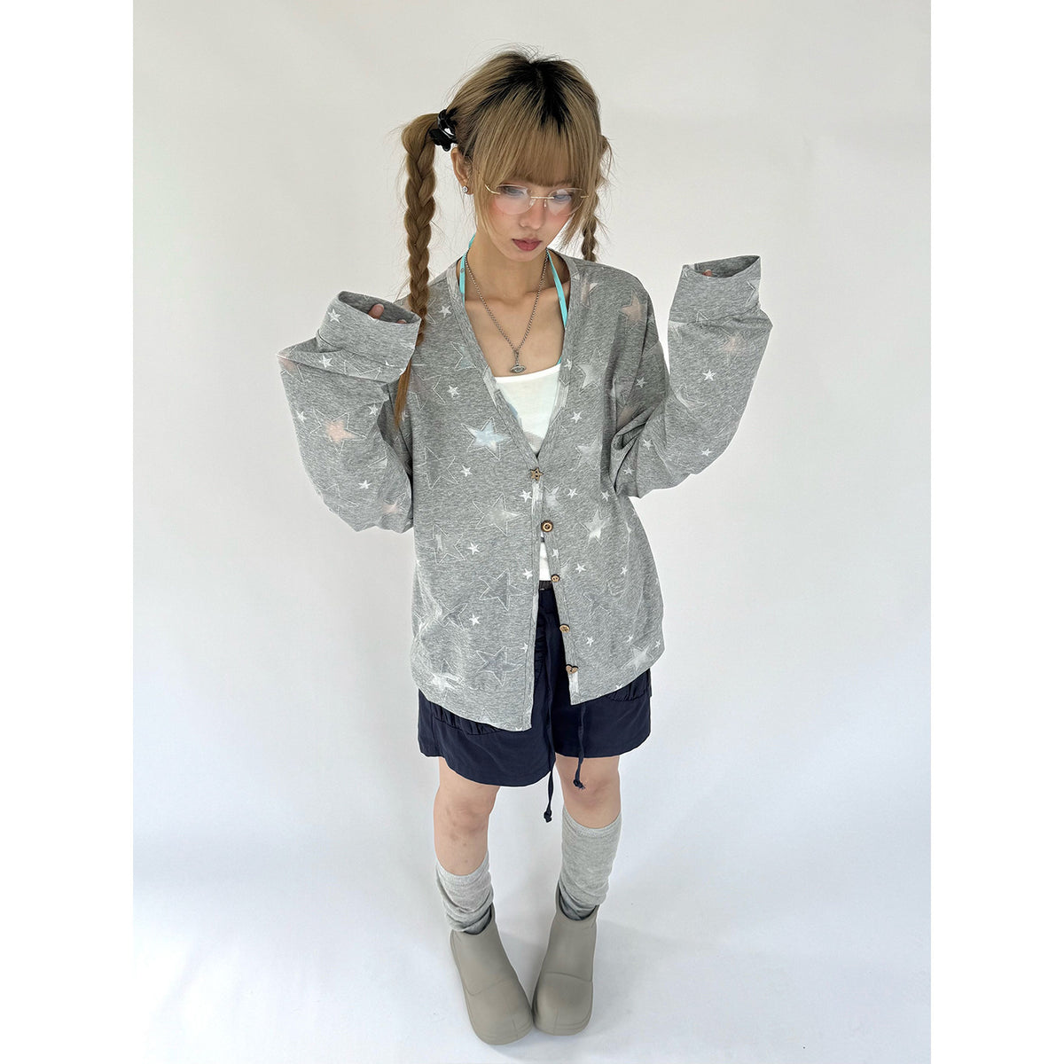 Star Print Lightweight V-Neck Cardigan