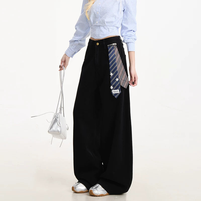Curved-Leg Wide-Leg Pants with Detachable Tie
