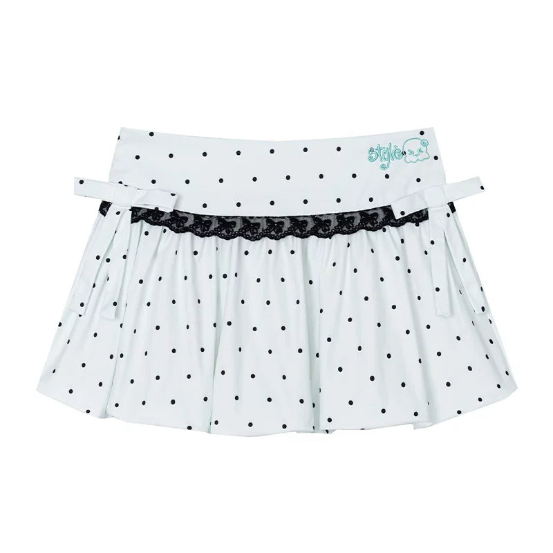 Polka Dot Layered Hooded Long Sleeve Top & Lace-Trim Bubble Mini Skirt