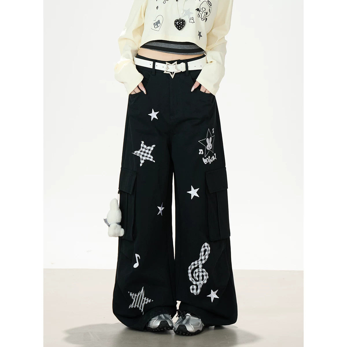 Cartoon Patch Embroidered Wide-Leg Cargo Pants