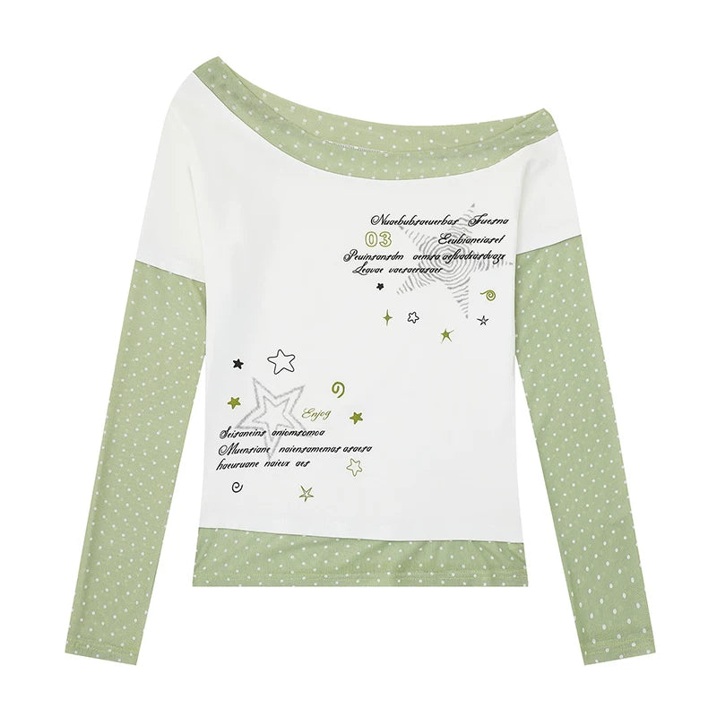 Mesh Layered Off-Shoulder Graphic Top & Heart Graphic Wide-Leg Pants