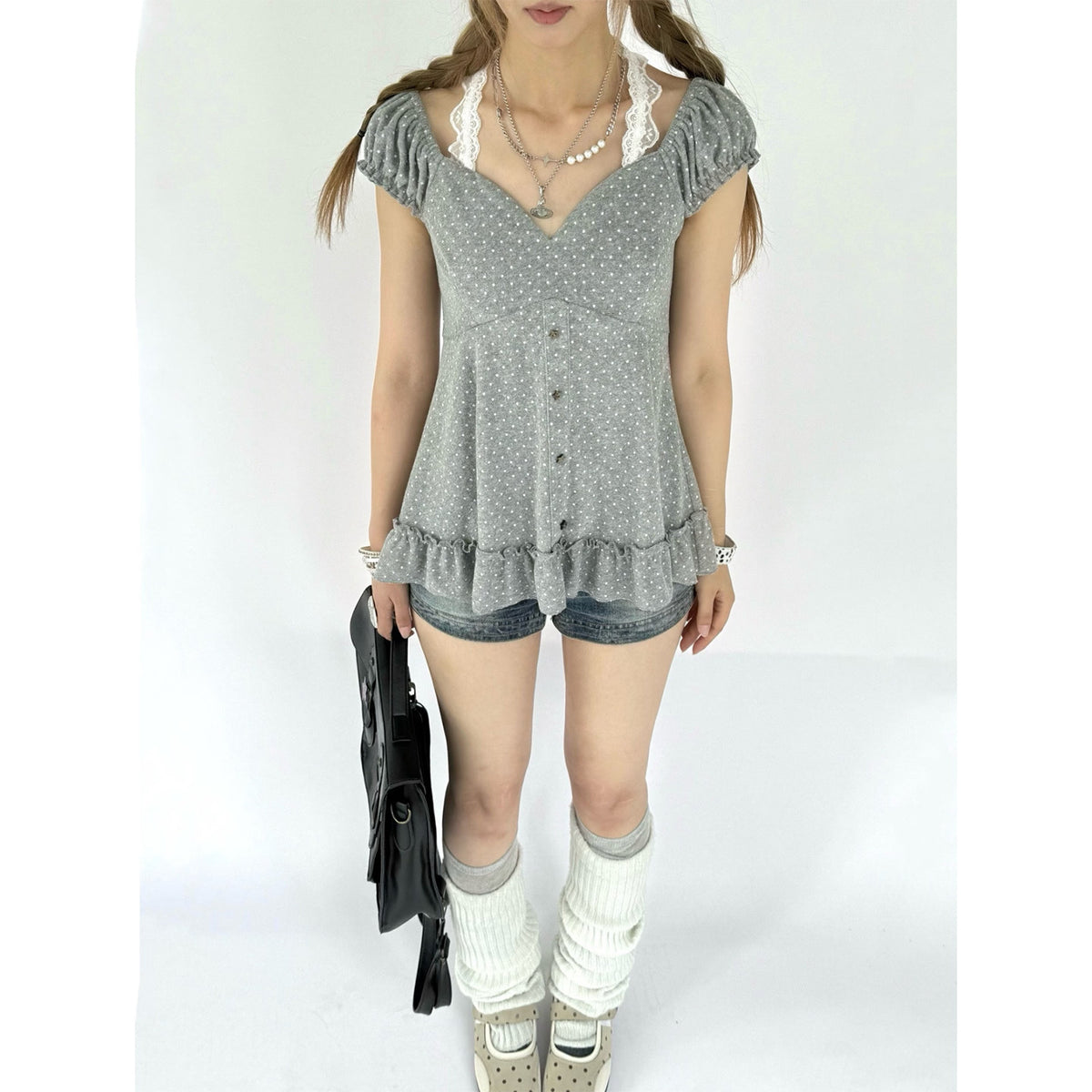 Polka Dot Lace Halter Ruffle Tee