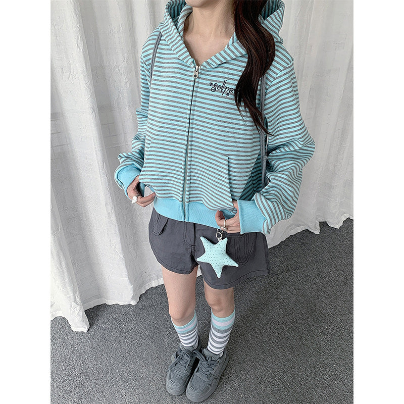 Mint Stripe Zip-Up Hoodie & Gray Utility Shorts