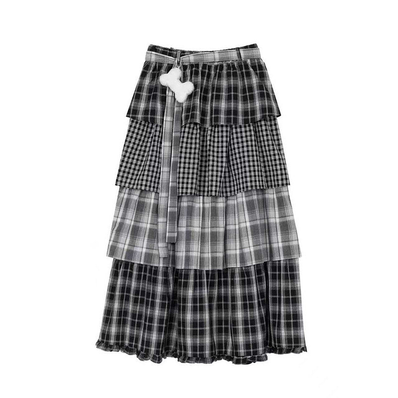 Mixed Plaid Tiered Maxi Skirt