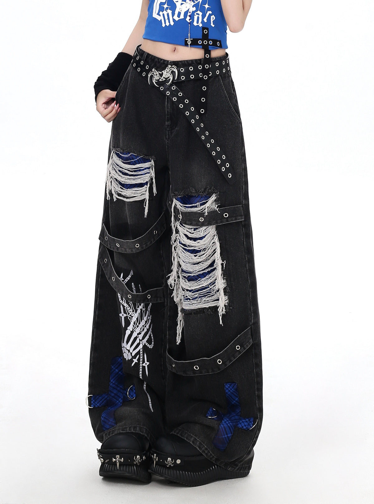 Skeleton Hand Distressed Strap Wide-Leg Jeans
