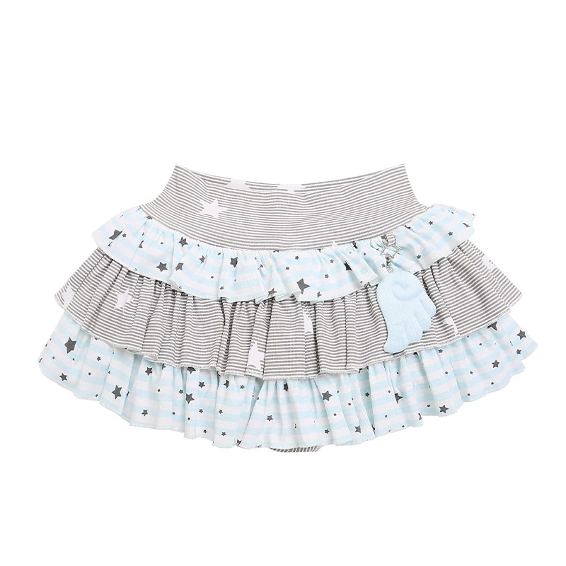 Anime Girl Polka-Dot Layered Long Sleeve Top & Star Tiered Ruffle Mini Skirt