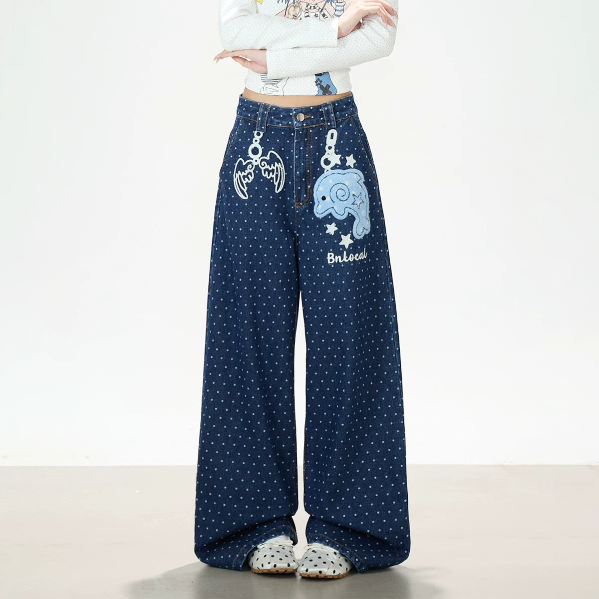 Dolphin Embroidered Polka Dot Wide-Leg Jeans