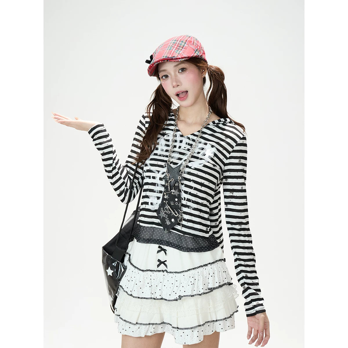 Star Stripe Bunny-Ear Hooded V-Neck Long Sleeve Top