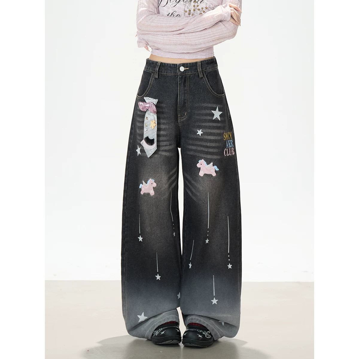 Beyond the Limits Sheer Grid Long Sleeve Top & Pony Star Wide-Leg Jeans