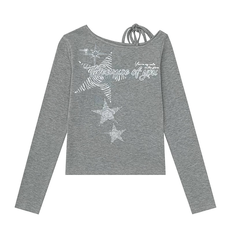 Vintage Star Print Off-Shoulder Long Sleeve Top & Star Patch Wide-Leg Jeans
