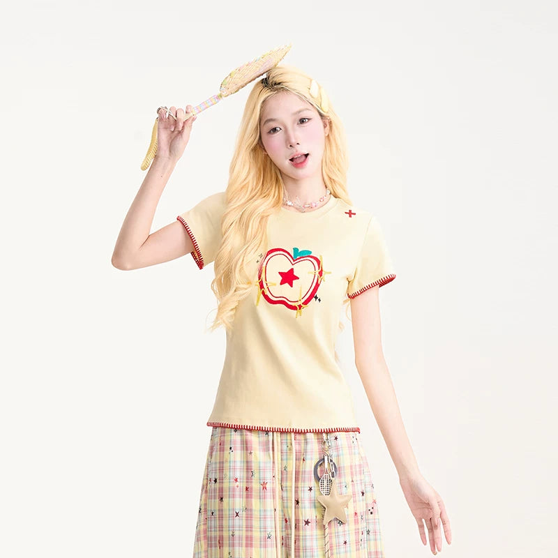 Embroidered Apple Contrast-Stitch Fitted Tee