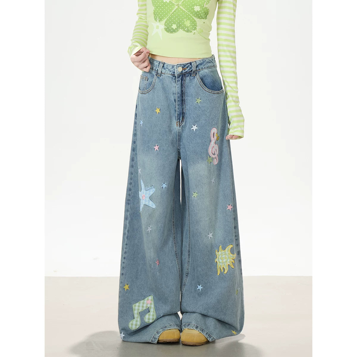 Music Note & Star Embroidered Washed Wide-Leg Jeans