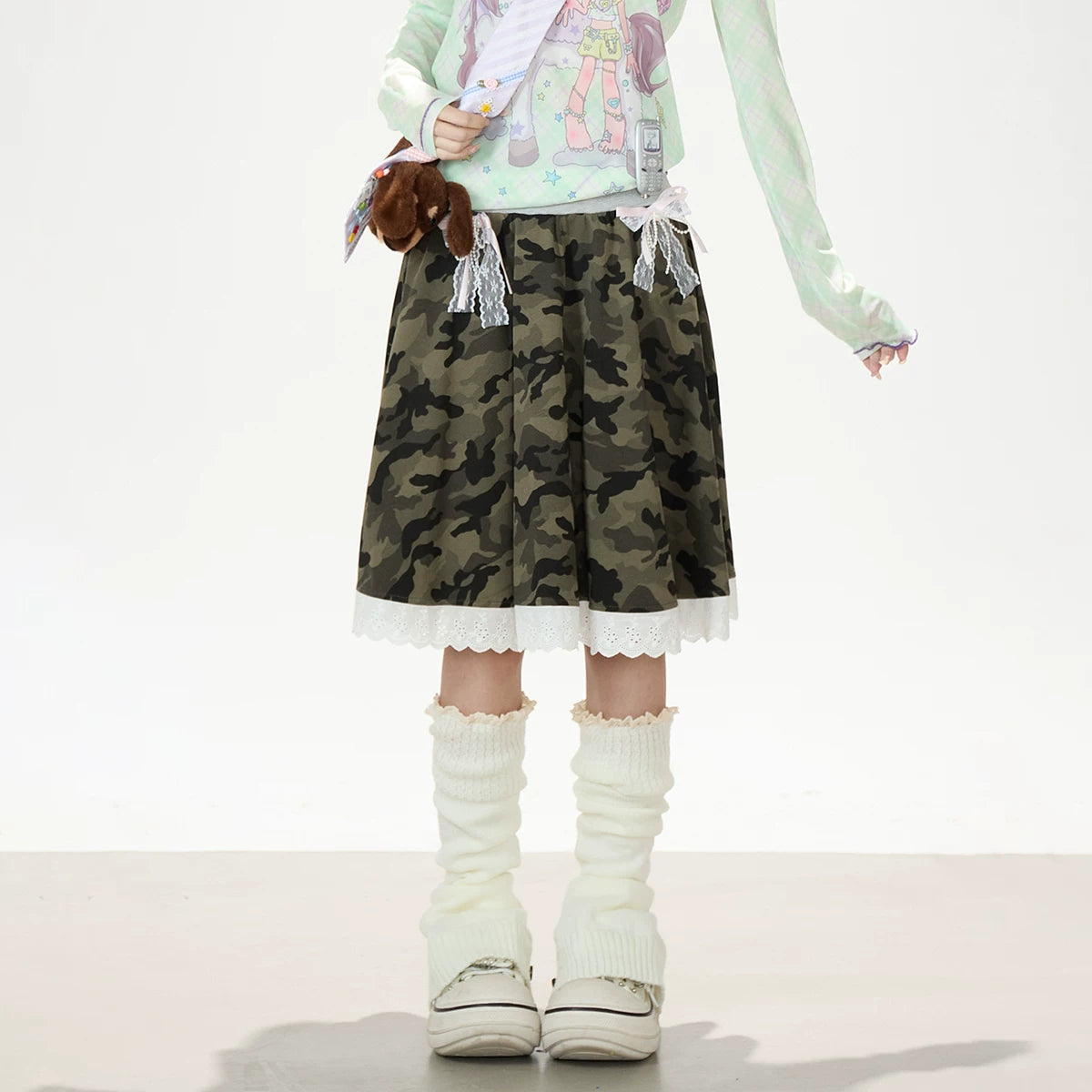 Dreamy Cartoon Plaid Long Sleeve Top & Camo Lace Midi Skirt
