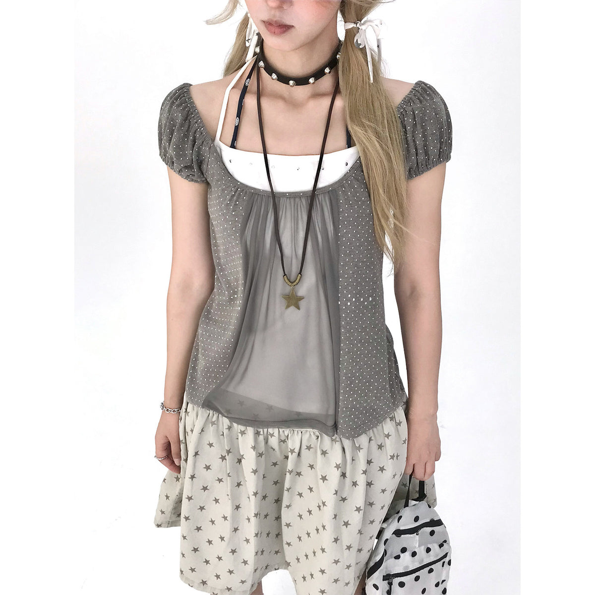 Polka Dot Mesh Panel Faux-Layered Short Sleeve Top