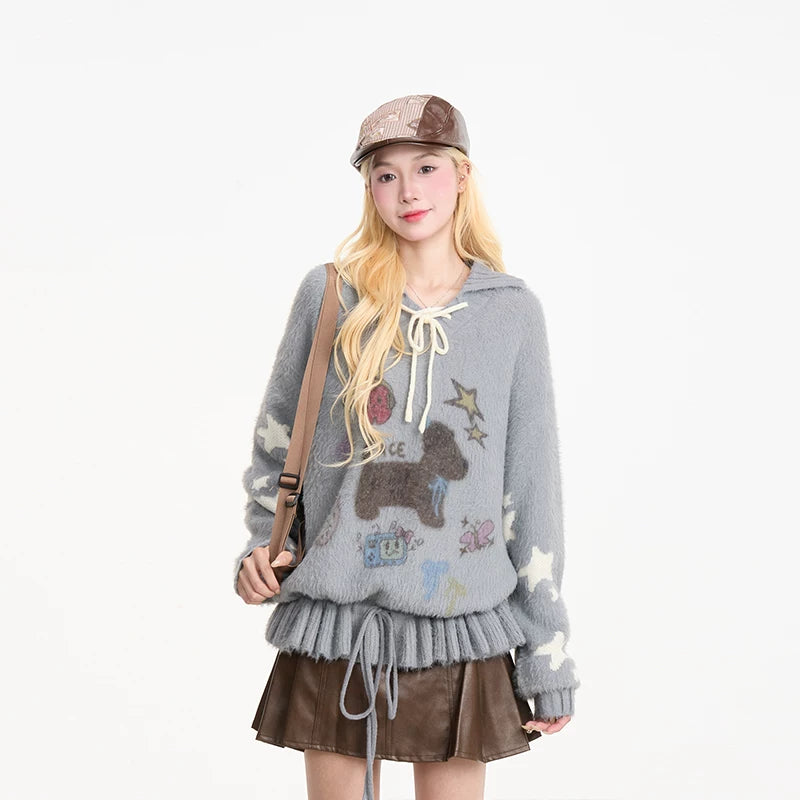 Puppy Graphic Bow-Collar Oversized Knit Sweater