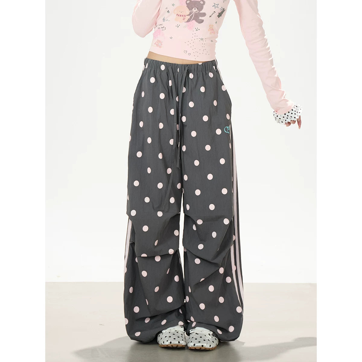 Dreamy Cartoon Off-Shoulder Layered Long Sleeve Top & Polka Dot Wide-Leg Pants