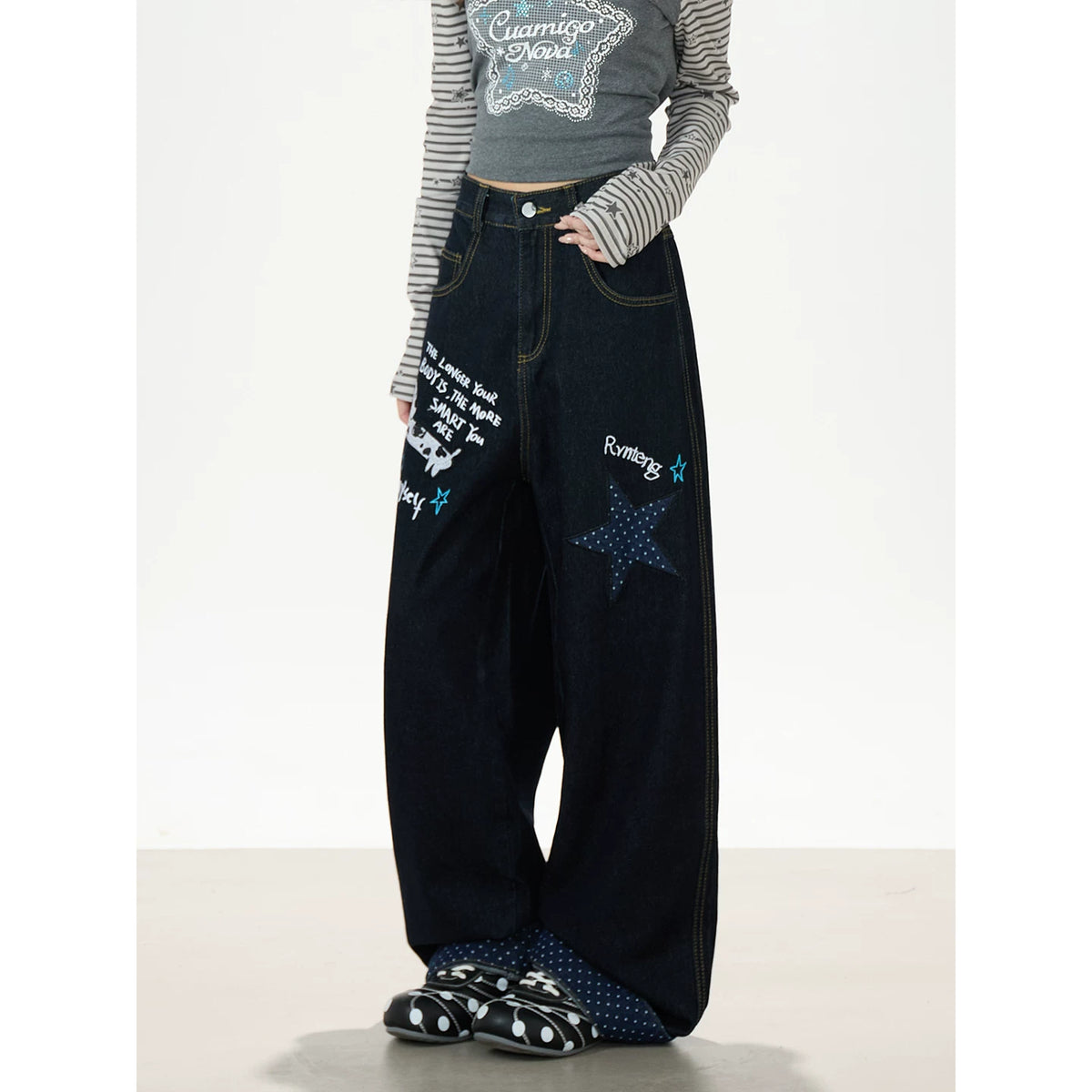 Puppy & Star Graphic Washed Wide-Leg Jeans