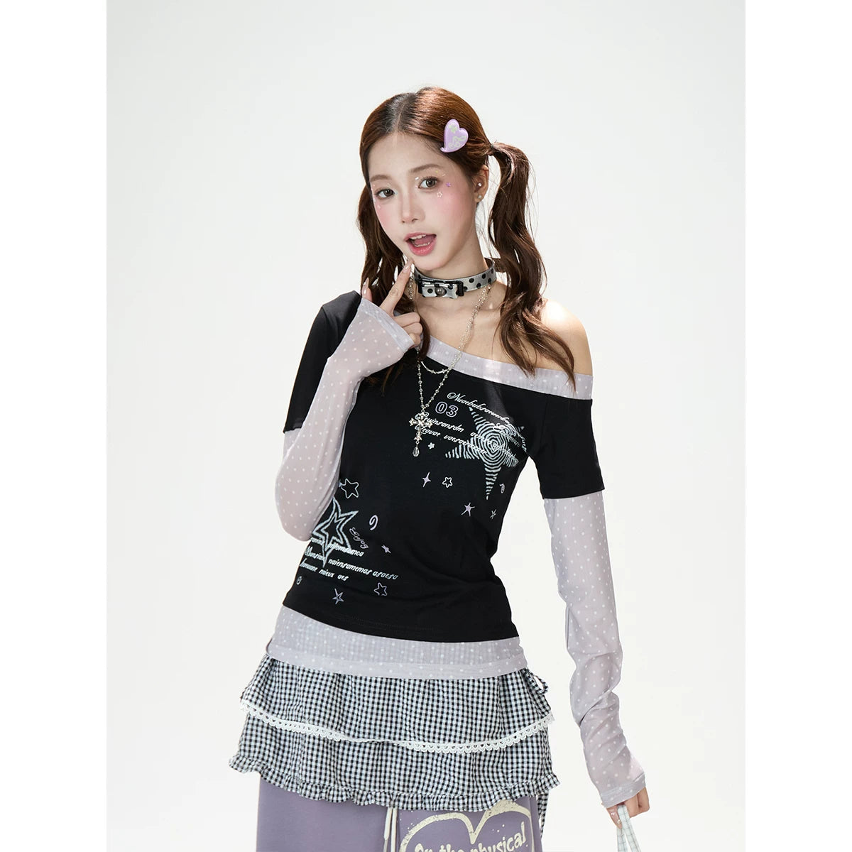 Star Polka-Dot Off-Shoulder Layered Long Sleeve Top & Music Note Star Wide-Leg Jeans