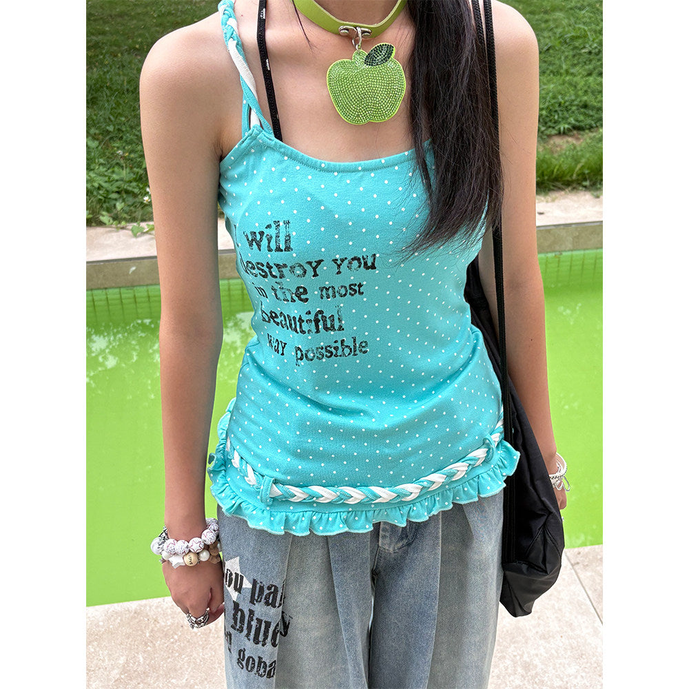 Aqua Polka Dot Braided Ruffle Tank Top