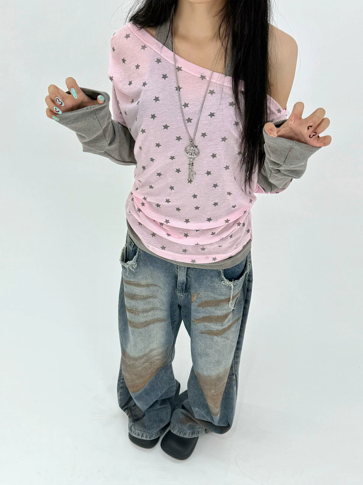 Star Print Faux-Layered Off-Shoulder Long Sleeve Top