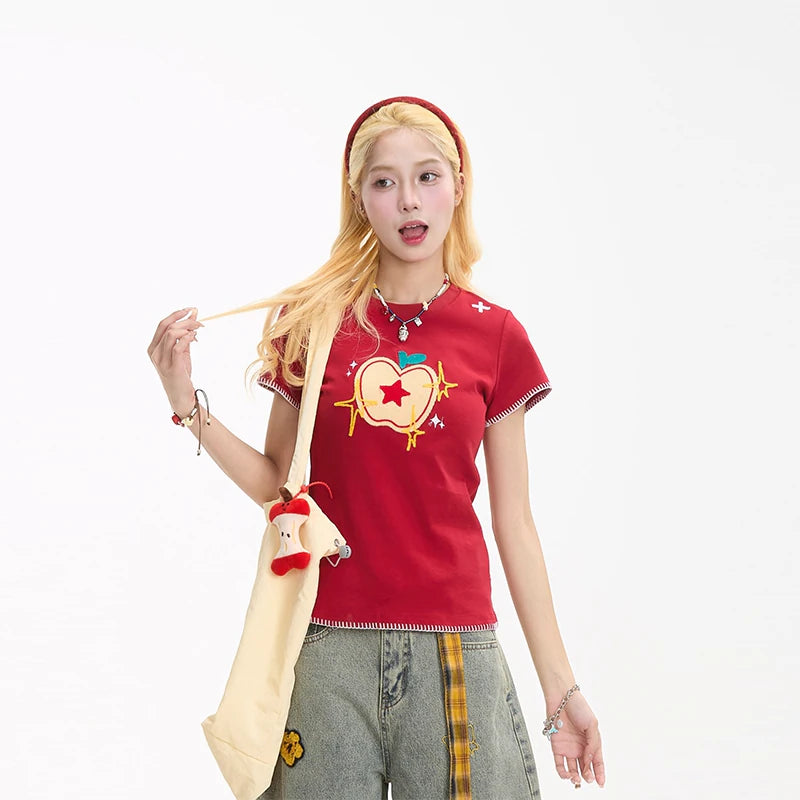 Embroidered Apple Contrast-Stitch Fitted Tee