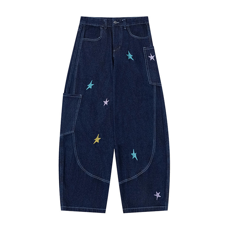 Star Embroidered Deconstructed Wide-Leg Cargo Jeans