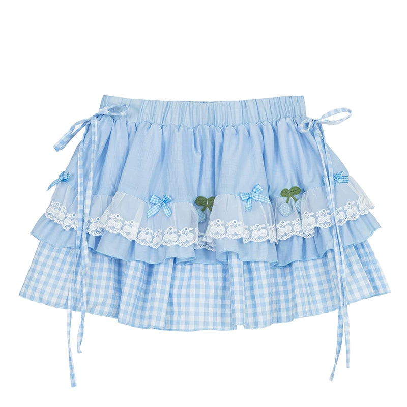Dreamy Dolphin Polka-Dot V-Neck Long Sleeve Top & Gingham Ruffle Mini Skirt